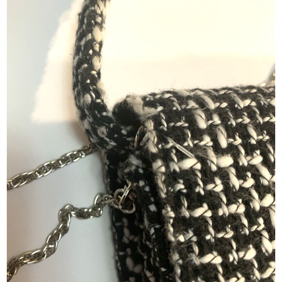 Wild Rose Tweed Handbag Black White Top Handle Removeable Silver Crossbody Chain - Picture 9 of 15